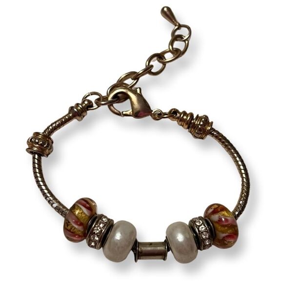 🤯5/$20🤯 Silver Tone Art Glass Rhinestone Pearl Charm Bracelet - Picture 1 of 2